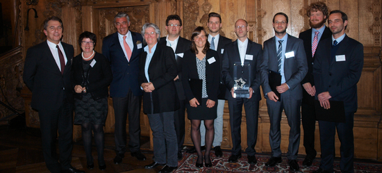 Evening ceremony (left to right): Dr. Juri Tschernjaew (laudatio), Prof. Dr. Karin Luckey (president Universität Bremen/Germany); Marc Schauenburg (representative Schauenburg-Stiftung); Prof. Antonia Kesel (chair of VDI Society Technologies of Life Sciences), Prof. Gijs Krijnen (supervisor 3rd place Bionic Award 2014), Dipl.-Biol. Julia Nickerl (winner Bionic Award 2014), Dipl.-Ing Kai Tausch (2nd place Bionic Award 2014), Dr. rer. nat. Ralf Helbig (winner Bionic Award 2014), Dr. rer. nat. René Hensel (winner Bionic Award 2014), Dr. rer. nat. Adrian Klein (3rd place Bionic Award 2014), Dipl.-Biol. Hendrik Herzog (3rd place Bionic Award 2014) (Picture: VDI / Woppowa)
